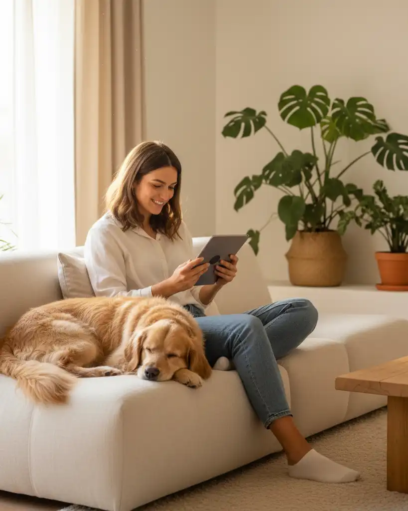 Mujer leyendo en tablet sentada en sofá con perro golden retriever descansando.