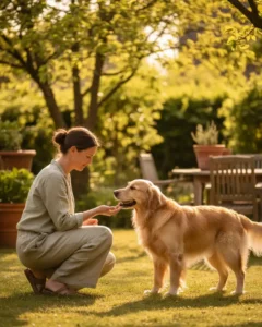 Mujer entrenando a golden retriever en jardín soleado con refuerzo positivo.