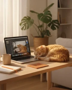 Gato naranja durmiendo sobre escritorio junto a portátil de trabajo.
