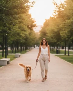 Mujer paseando golden retriever con correa por camino arbolado al atardecer.