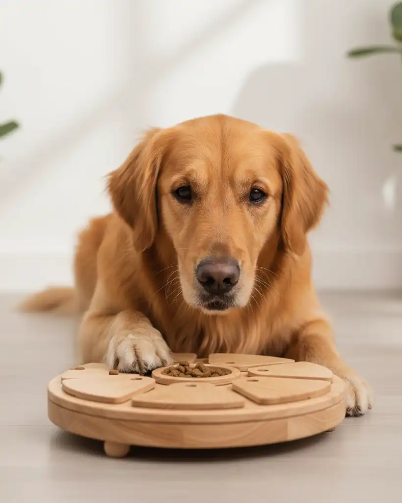 Golden retriever jugando con puzzle interactivo de madera para estimulación mental.