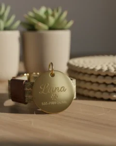 Placa de identificación para perros dorada con nombre Luna y collar.