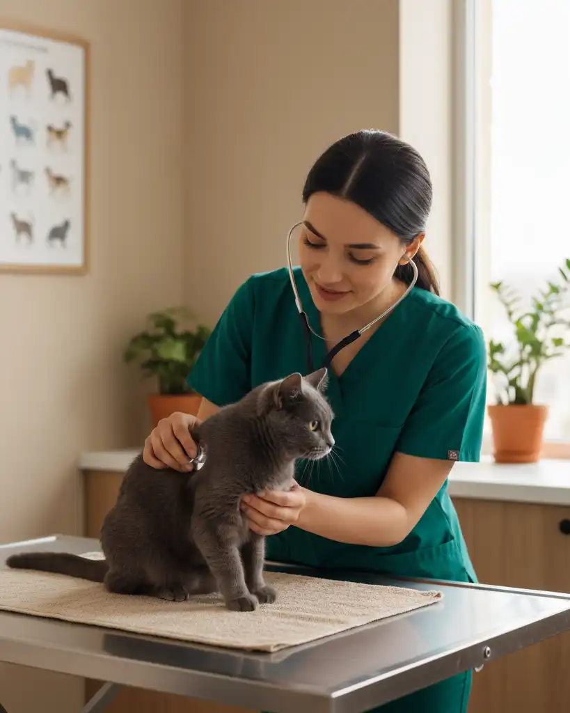 Veterinaria auscultando gato gris en consulta médica.